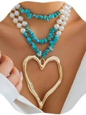 New Boho Layered Turquoise Pearl Choker Necklace Oversize Heart Chunky Chain